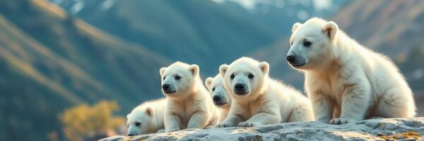 Five playful polar bear cubs exploring their natural habitat in a mountainous landscape during daylight hours photo