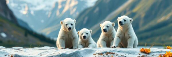 Four playful polar bear cubs enjoying a sunny day near icy mountains in their natural habitat photo