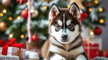Adorable husky puppy resting by a beautifully decorated Christmas tree with gifts in a cozy living room setting photo