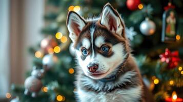 Cute husky puppy poses in front of a beautifully decorated Christmas tree with lights and ornaments photo