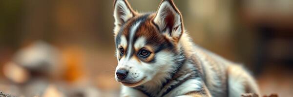 Cute husky puppy relaxing in a forest during golden hour, surrounded by nature and soft lighting photo