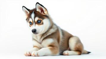 Cute puppy sits calmly on a smooth surface showcasing its soft fur and bright blue eyes in a studio setting photo