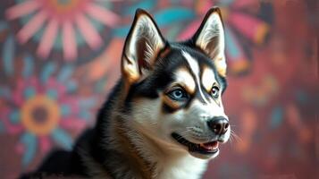 Beautiful husky with striking blue eyes poses in front of a colorful floral backdrop photo