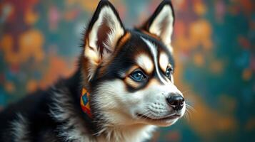 Puppy with striking blue eyes in front of an artistic backdrop showcasing vibrant colors and patterns photo