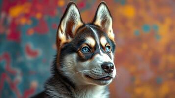 Siberian husky with striking blue eyes poses against a colorful abstract background photo