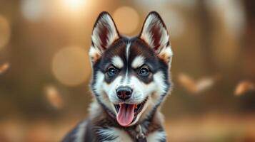 Happy husky playing outdoors in the golden hour with a vibrant bokeh background photo