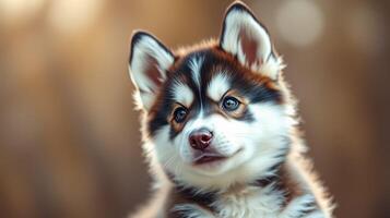 Cute playful puppy with striking fur pattern enjoying the outdoors in warm sunlight during early afternoon photo