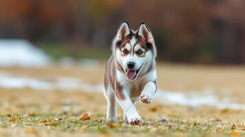 Happy husky puppy runs joyfully across a grassy field during autumn with fallen leaves scattered around photo