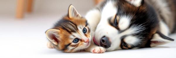 Playful kitten cuddles with sleeping puppy in cozy indoor setting, showcasing their adorable friendship photo