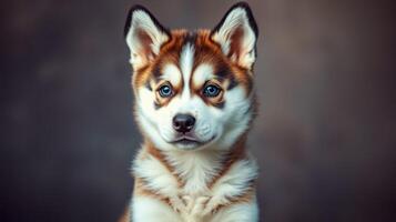 Cute brown and white puppy poses for portrait in soft lighting against a dark background photo