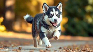 Cute puppy joyfully runs along a wooded path in the golden light of autumn photo