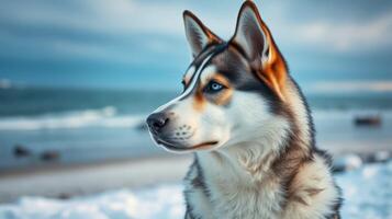 Majestic husky standing on snow-covered beach with waves crashing in background during early morning photo