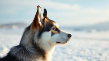 Husky looking out over a snowy landscape at sunrise with soft light illuminating its fur and the serene surroundings photo