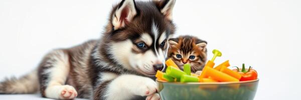 Cute husky puppy and kitten sharing a bowl of fresh vegetables in a bright indoor setting photo
