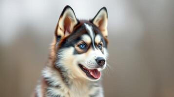 Cute husky puppy playing outdoors in a natural setting with a soft focus background on a sunny day photo