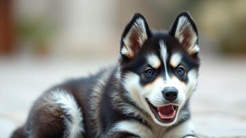 Cute husky puppy relaxing indoors with a joyful expression on its face in soft natural light photo