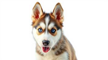 Cute husky puppy with blue eyes and a playful expression on a plain background indoors photo