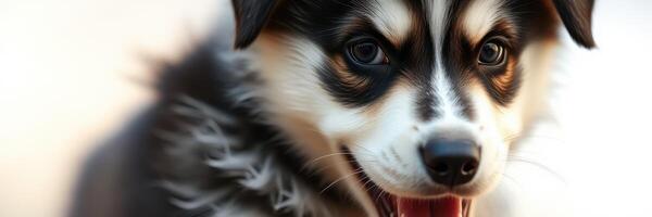 Cute playful puppy with black and white fur happily posing outdoors during a sunny day photo
