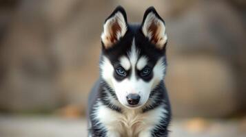 Cute black and white husky puppy exploring a natural setting during daytime photo