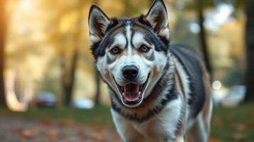 Happy husky running through a park with autumn leaves and warm sunlight in the background during early evening hours photo