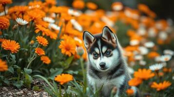 Cute husky puppy sitting among vibrant orange and white flowers in a sunny garden setting photo