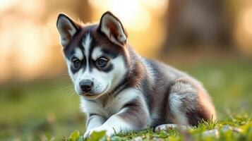 Playful husky puppy enjoys the outdoors during golden hour in a grassy field photo