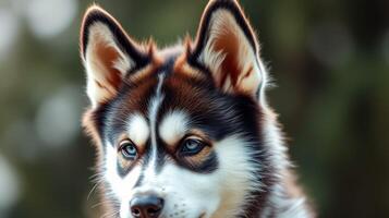 Beautiful husky with striking blue eyes gazes calmly in the forest during a sunny afternoon photo