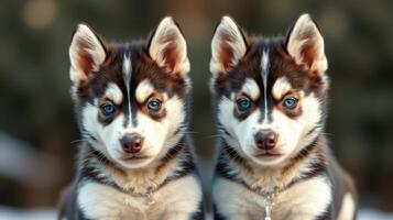Two adorable husky puppies with striking blue eyes sit side by side in a serene outdoor setting during the day photo