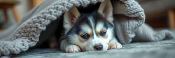 Corgi puppy resting comfortably under a soft blanket in a cozy indoor setting during a quiet afternoon photo