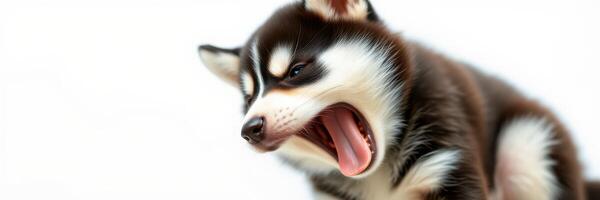 Playful husky puppy yawning joyfully in a bright indoor environment during a sunny afternoon photo
