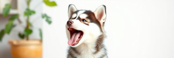 Happy husky puppy yawns while sitting indoors in a well-lit room with plants and warm tones photo