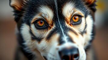 Close-up view of a curious dog with striking golden eyes looking directly at the camera, showcasing its unique features and lively expression photo