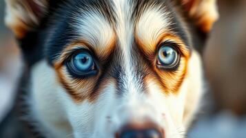 Beautiful close-up of a husky with striking blue eyes looking directly at the camera in natural light photo