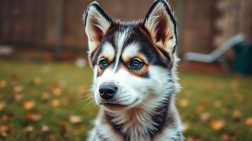 Husky puppy sitting in a backyard surrounded by autumn leaves on a clear day photo