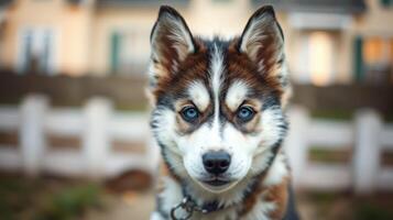 Siberian Husky puppy with striking blue eyes in a sunny backyard setting surrounded by a white fence photo