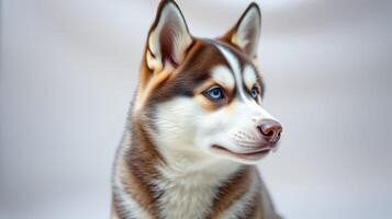Beautiful husky with striking blue eyes poses against a neutral background indoors photo
