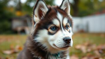 Cute husky puppy enjoying a sunny day in a backyard filled with colorful autumn leaves photo