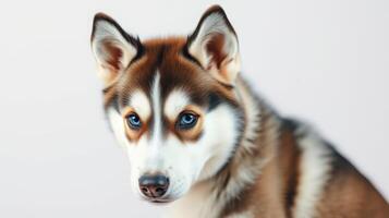 Captivating husky dog looks directly at the camera in a neutral background during a bright indoor moment photo