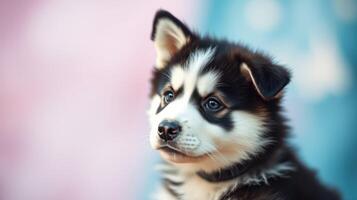 Cute puppy with striking fur pattern poses in soft light against a colorful background in outdoor setting photo