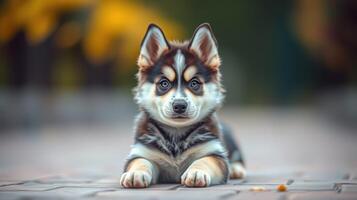 Cute husky puppy relaxing on a sunny day in a park setting with blurred background photo