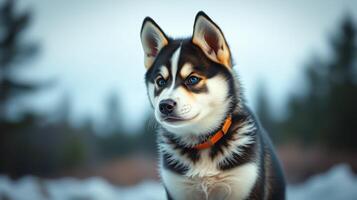 Husky puppy sitting in a snowy landscape with a calm expression in the late afternoon light photo