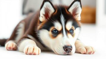 Cute husky puppy lying on a bright floor in a cozy indoor space during a calm afternoon photo