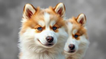 Two fluffy dogs with striking blue eyes posed against a soft gray background during a calm afternoon photo