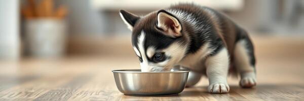 Cute husky puppy eating from a metal bowl indoors on wooden floor in cozy setting photo