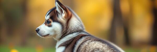 Siberian husky puppy sitting gracefully in a sunlit forest clearing during autumn photo