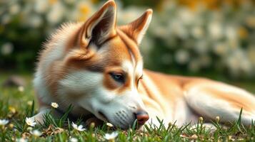 Dog resting on green grass surrounded by flowers during a sunny afternoon in a garden photo