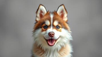 Happy dog with bright eyes and fluffy fur posing against a neutral background photo