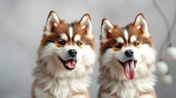 Cute twin dogs sitting side by side with happy expressions and fluffy fur in a light background photo
