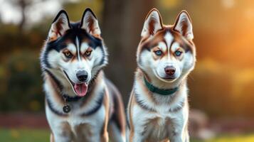 Two friendly huskies posing together in a sunny park during late afternoon hours photo