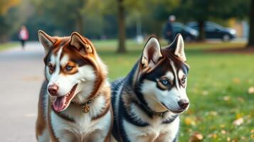 Two playful huskies enjoying a sunny day in a park near a walking path with trees in the background photo
